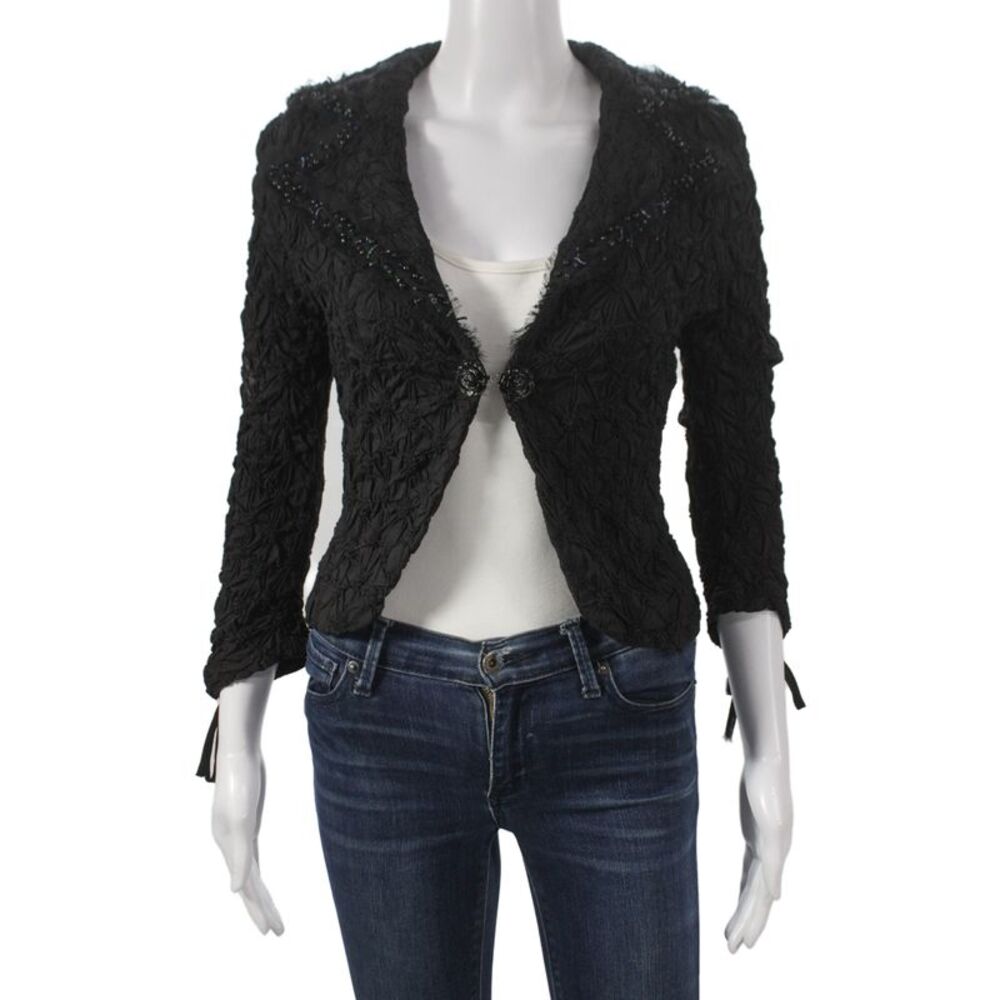 Ariella Womens Black Collared Button Blazer 3/4 Sleeve Cotton Blend Size S